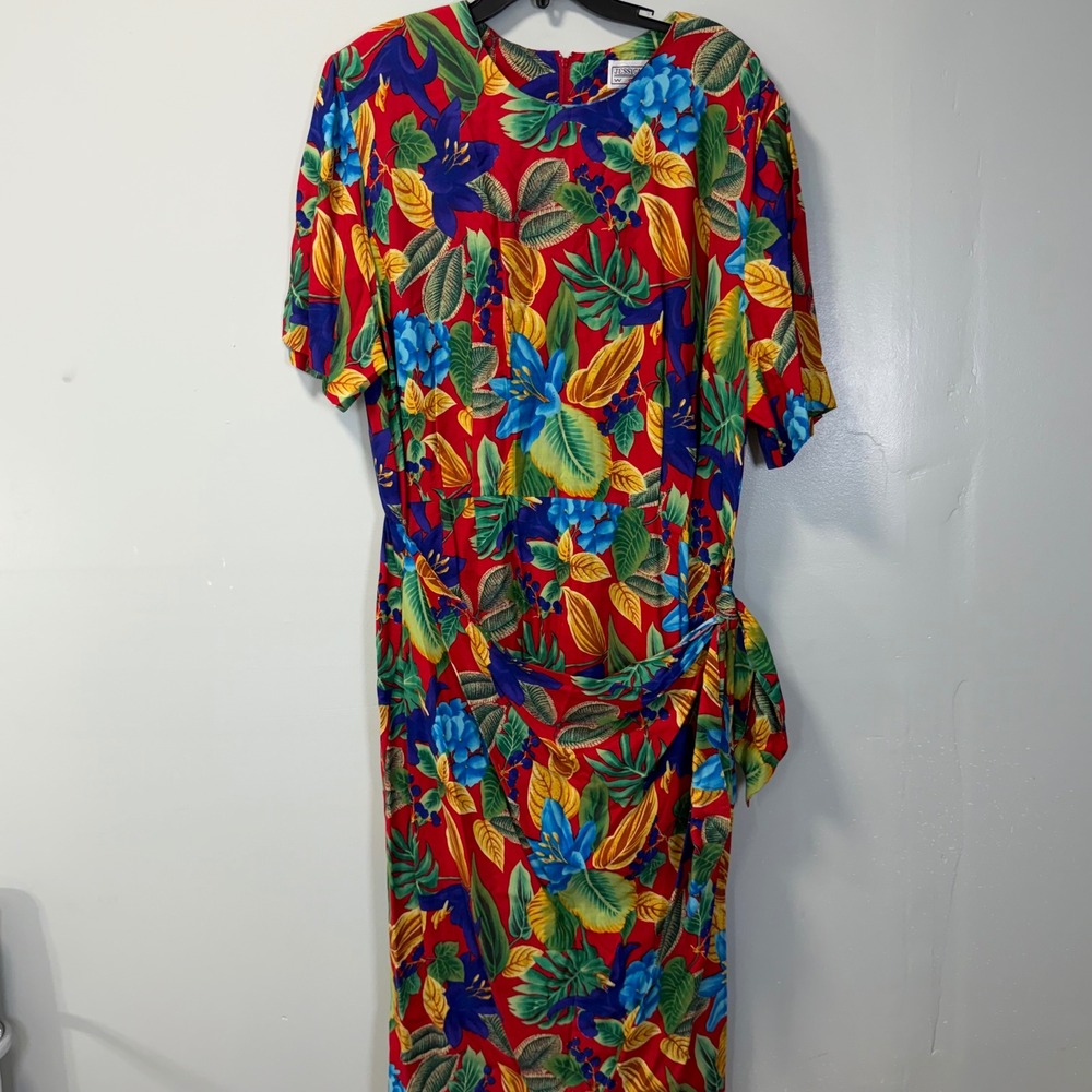 Vintage 90s Jessica Howard Woman Red Tropical Floral Rayon Midi Dress Plus 22